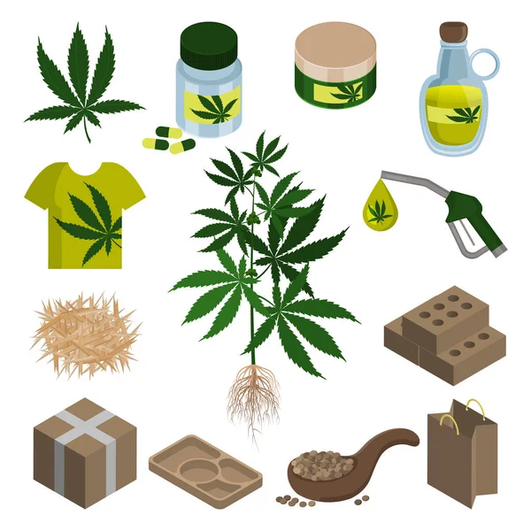 Hennepplant, cannabisblad en hennepverwerkingsproducten. Set van geïsoleerde pictogram op witte achtergrond — Stockvector