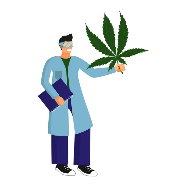 Mannelijke wetenschapper, botanicus bestudeert en analyseert de cannabisplant in het laboratorium. Geïsoleerd object op witte achtergrond — Stockvector