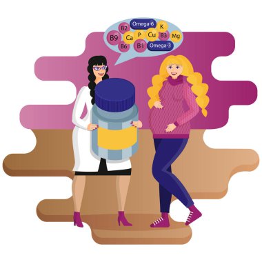 Tatlı kadın jinekolog hamile bir hastaya vitaminlerin faydalarını anlatıyor. Hamilelik ve doğum desteği. Antenatal kliniği. Kadın sağlığı. Sağlıklı bir çocuk. Düz çizgi film vektör biçimi
