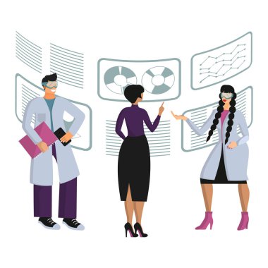 Bilim adamları araştırmanın sonuçlarını tartışıyor. Uzmanlar grafikler ve çizelgeler ile etkileşime girer, etkileşimli bir ekrandaki verileri analiz eder