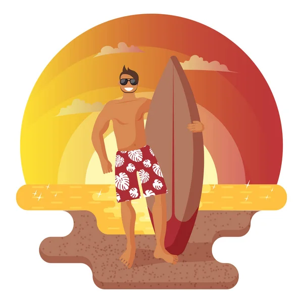 Mer Plage Sable Coucher Soleil Heureux Surfeur Masculin Short Rouge — Image vectorielle