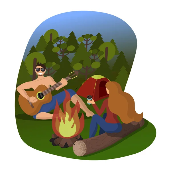 Couple Tourists Sitting Campfire Guy Plays Guitar Young Woman Drinks — Stock Vector