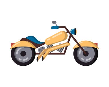 Güçlü klasik motorcu motosikleti. Motosikletçilerin gayri resmi alt kültürü. Şehir motosiklet yarışı. Bisiklet sürmek. Beyaz arka planda izole bir nesne. Düz vektör karikatür biçiminde simge