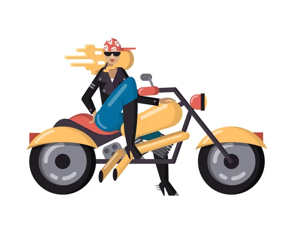Kafatası, deri ceket, siyah gözlük ve güçlü klasik motosiklet üzerinde poz veren kot pantolonlu, kırmızı bandanalı seksi bir motosiklet yarışçısı. Beyaz üzerine izole bir karakter. Çizgi film düz vektörü