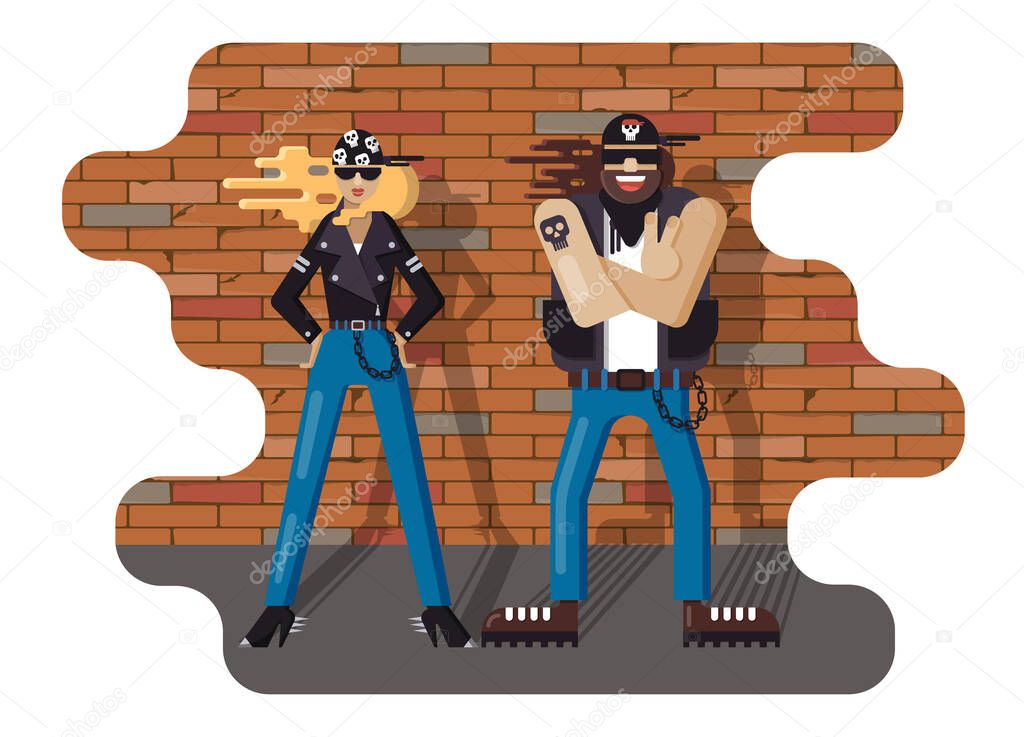Couple dressed in black leather jackets, blue jeans and bandanas. Rock music fans is standing against battered brick wall. Rocker subculture, counterculture. Vector illustration in flat cartoon style