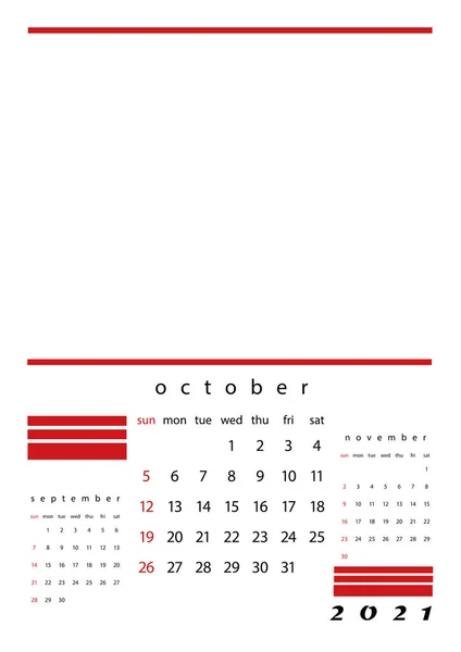 2021 calendar one page one month. Twelve pages of the calendar. White background with red elements. The month before and after. English language version.