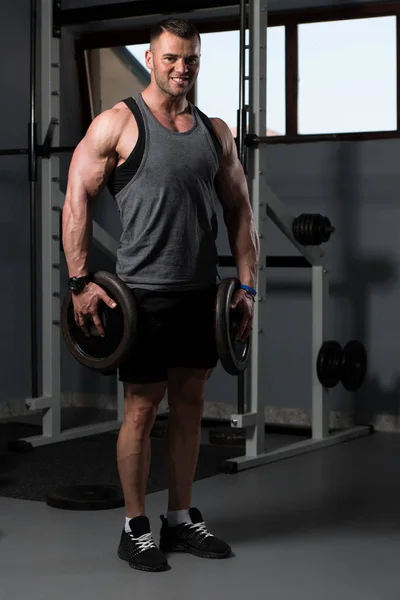 Portrait Physically Young Man Holding Weights Hand — Stock Photo, Image