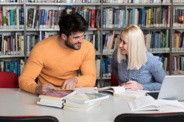 Bazı okul işi kütüphanede bir dizüstü bilgisayar ile bir çekici öğrenci portresi