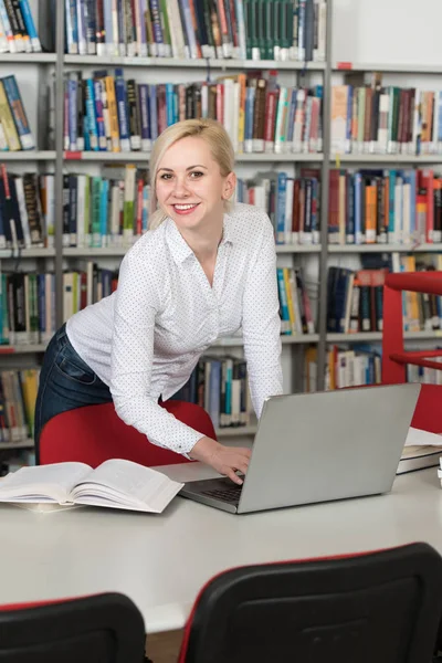 Bazı okul işi kütüphanede bir dizüstü bilgisayar ile bir çekici öğrenci portresi