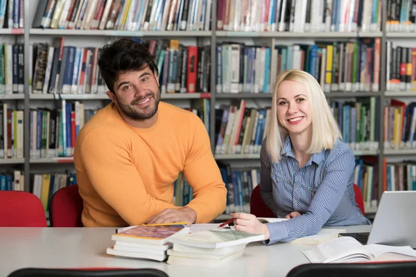 Portrait Attractive Students Doing Some School Work Laptop Library — Stock Photo, Image