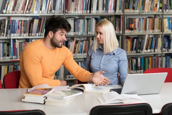 Students Preparing Exam Learning Lessons School Library Making Research Laptop — Stock Photo, Image