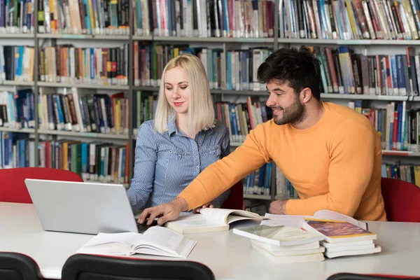 Retrato Estudante Atraente Fazendo Algum Trabalho Escolar Com Laptop Biblioteca — Fotografia de Stock