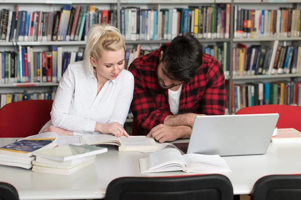 Retrato Estudante Atraente Fazendo Algum Trabalho Escolar Com Laptop Biblioteca — Fotografia de Stock