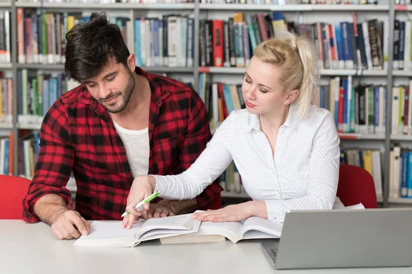 Kütüphanede dizüstü bilgisayar ve A yüksek çalışma kitapları yakışıklı iki üniversite öğrencileri üniversite kütüphanesi okul.