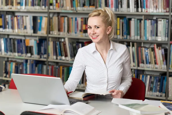 Portrait Attractive Student Doing Some School Work Laptop Library Royalty Free Stock Photos