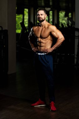 Yakışıklı Genç Adam Spor Salonunda Güçlü Duruyor ve Kaslarını Geriyor - Kas Atletik Vücut Geliştirici Spor Sonrası Spor Pozisyonu
