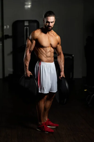 Portrait Physically Young Man Holding Weights Hand — Stock Photo, Image