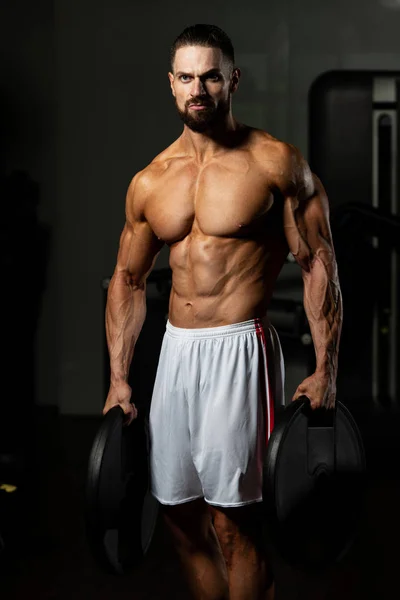 Portrait Physically Young Man Holding Weights Hand — Stock Photo, Image