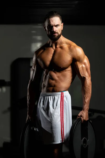 Portrait Physically Young Man Holding Weights Hand — Stock Photo, Image