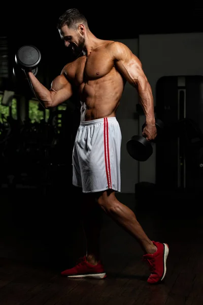 Homme Travaillant Biceps Dans Une Salle Gym Boucles Concentration Haltère — Photo