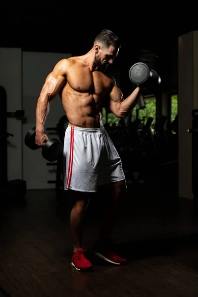 Idrottare Som Tränar Biceps Ett Gym Hantelkoncentration Lockar — Stockfoto