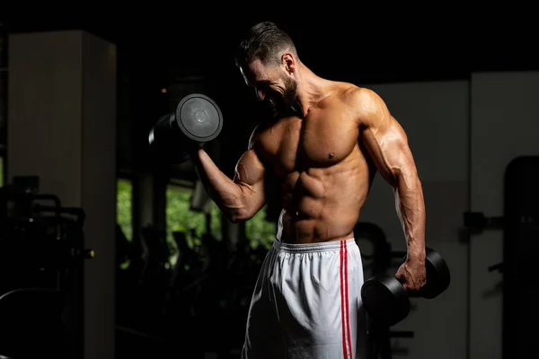在健身房里锻炼二头肌的人 哑铃浓度曲线 — 图库照片