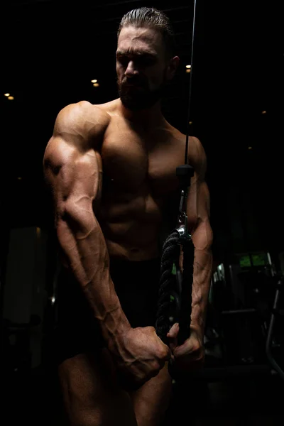 重量運動ジムでマシンで上腕三頭筋をやって若い筋肉フィットネス ボディービルダー — ストック写真