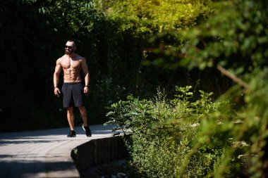 Yakışıklı Sakallı Adam Güçlü Duruyor ve Dışarda Pozisyon Veriyor Yaprakların Arkaplan Doğası