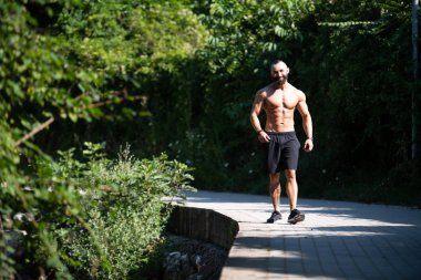 Yakışıklı Sakallı Adam Güçlü Duruyor ve Dışarda Pozisyon Veriyor Yaprakların Arkaplan Doğası