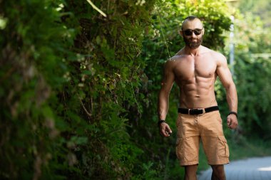 Yakışıklı Sakallı Adam Güçlü Duruyor ve Dışarda Pozisyon Veriyor Yaprakların Arkaplan Doğası