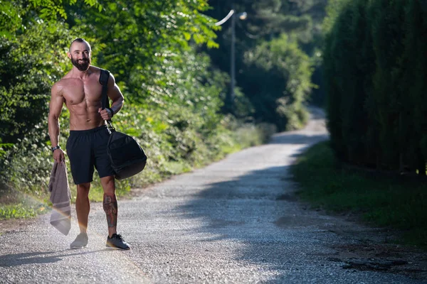 Beard Man Wearing Sports Bag Outdoors Park Going Fitness Center — Stock Photo, Image