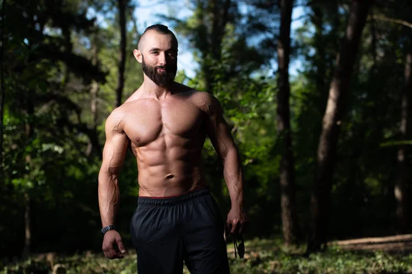 Handsome Beard Man Standing Strong Posing Outdoors Background Nature Leaves — Stock Photo, Image