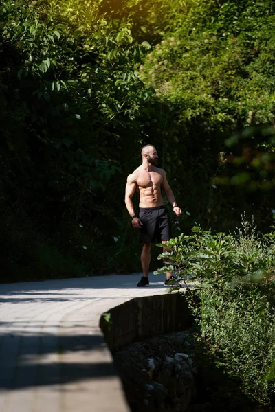 Knappe Baard Man Staan Sterk Poseren Buitenlucht Achtergrond Aard Van — Stockfoto