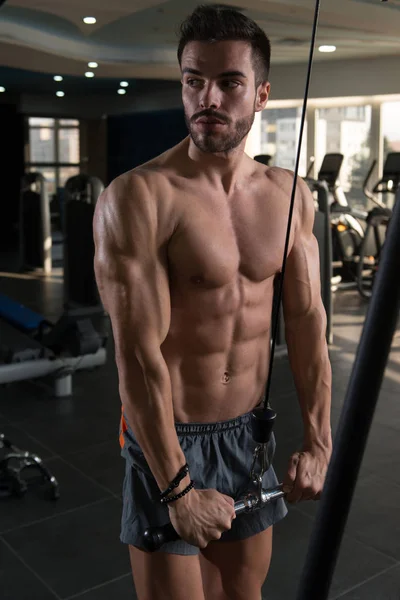 Young Muscular Fitness Bodybuilder Doing Heavy Weight Exercise Triceps Machine — Stock Photo, Image