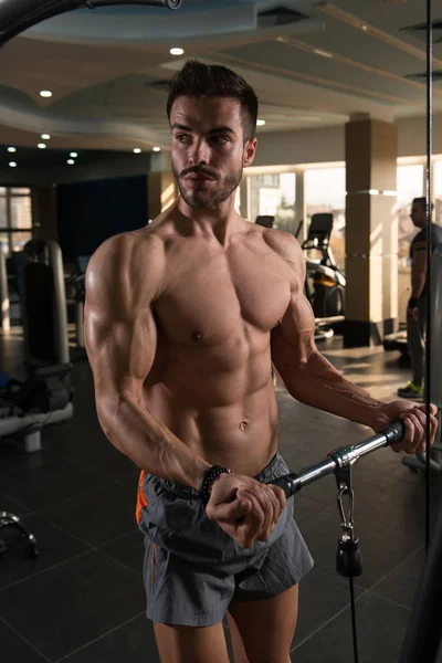 Muscular Fitness Bodybuilder Doing Heavy Weight Exercise Biceps Machine Cable — Stock Photo, Image