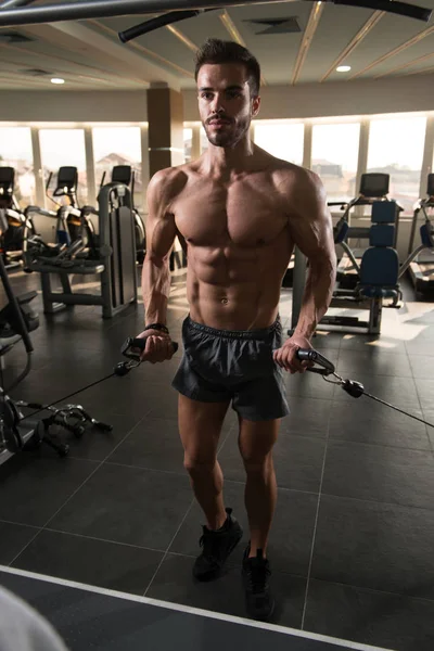 Muscular Man Doing Heavy Weight Exercise Chest Machine Cable Gym — Stock Photo, Image