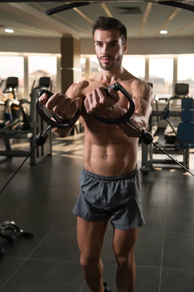 Muscular Man Doing Heavy Weight Exercise Chest Machine Cable Gym — Stock Photo, Image