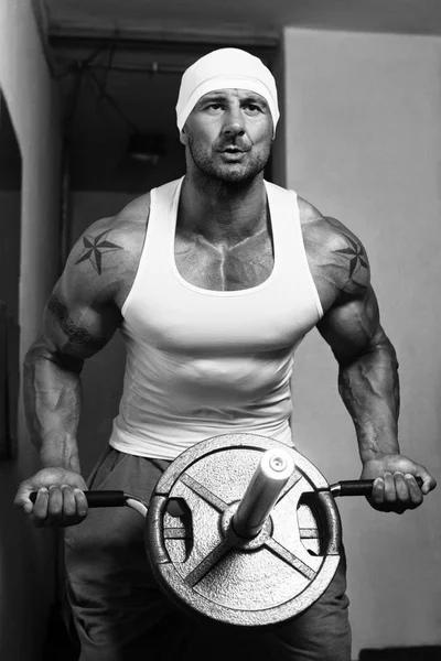 Bodybuilder Doing Heavy Weight Exercise Back Barbell Modern Gym — Stock Photo, Image