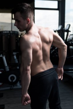 Yakışıklı Genç Adam Spor Salonunda Güçlü Duruyor ve Kaslarını Geriyor - Kas Atletik Vücut Geliştirici Spor Sonrası Spor Pozisyonu