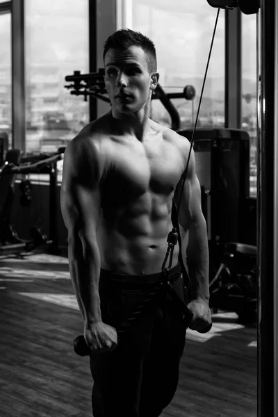 年轻肌肉健身健美运动员做重机在健身房里的三头肌锻炼 — 图库照片