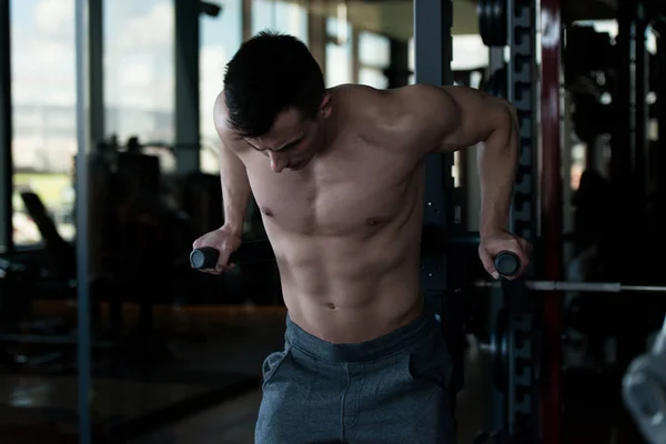 Muskulöser Fitness Bodybuilder Beim Krafttraining Für Trizeps Und Brust Parallelen — Stockfoto
