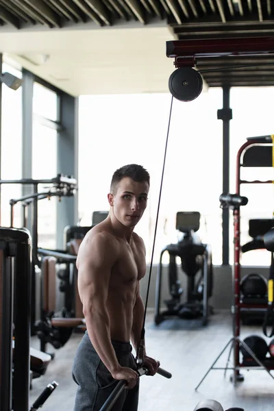 Spor Salonunda Makinede Triceps Için Ağır Egzersiz Yaparak Genç Kas — Stok fotoğraf