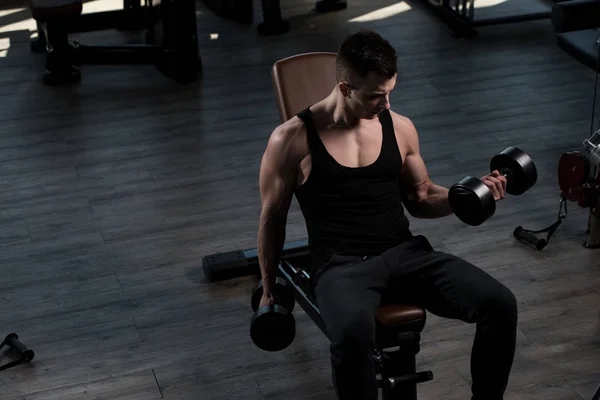 运动员在健身房里锻炼二头肌 哑铃浓度曲线 — 图库照片