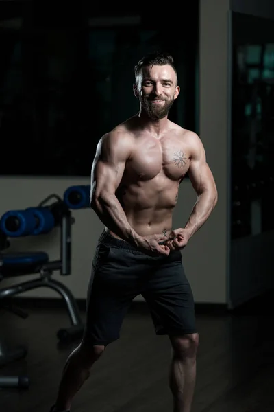 Young Man Standing Strong Gym Flexing Muscles Muscular Athletic Bodybuilder — Stock Photo, Image