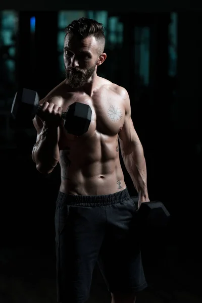 Athlete Working Out Biceps Gym Dumbbell Concentration Curls — Stock Photo, Image