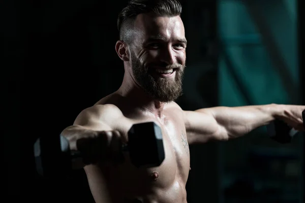 Athlete Working Out Shoulders Dumbbells Gym — Stock Photo, Image