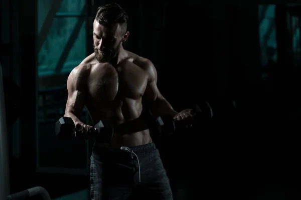 Mężczyzna Działa Biceps Siłowni Hantle Concentration Loki — Zdjęcie stockowe