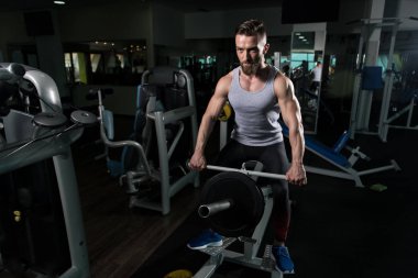 Yakışıklı sporcu ağır egzersiz sırt üstü ağırlıklar ile makine için yapmak