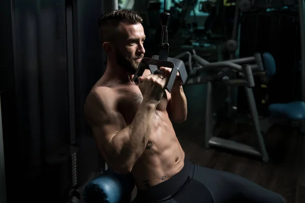 Handsome Athlete Doing Heavy Weight Exercise Back Machine — Stock Photo, Image