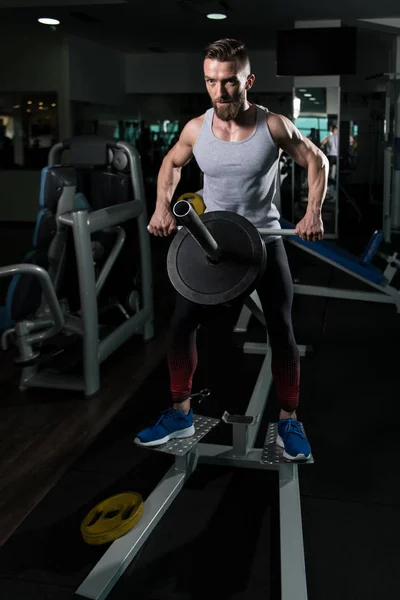 Knappe Atleet Zwaar Gewicht Oefening Voor Rug Machine Met Gewichten — Stockfoto